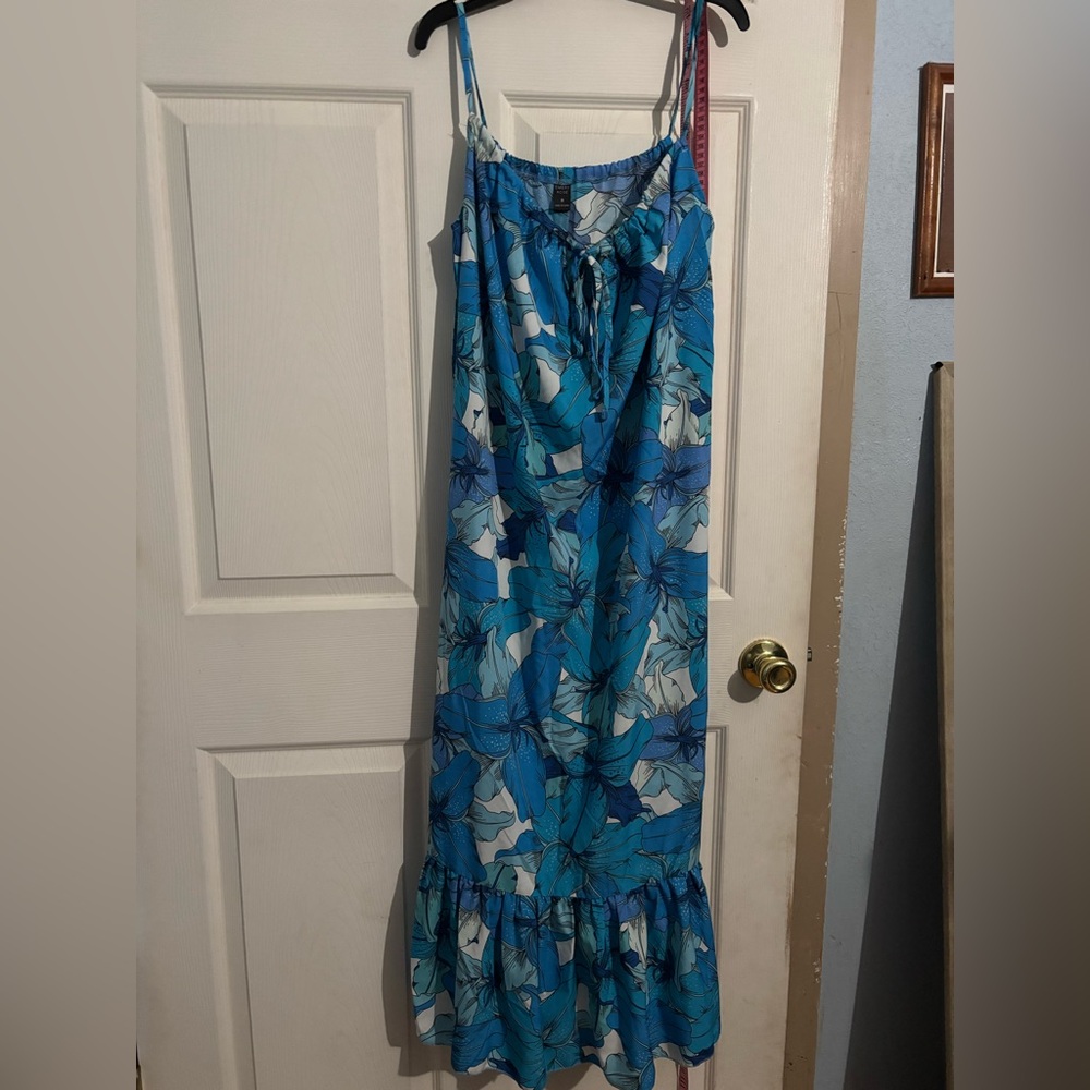 Blue Floral Slip Dress with Ruffle Hem